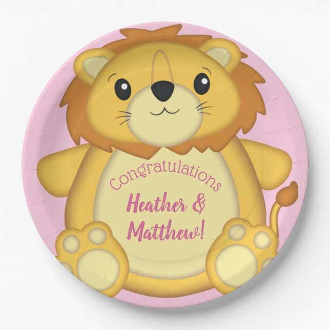 Lion Baby Shower Pink Paper Plates (Front)
