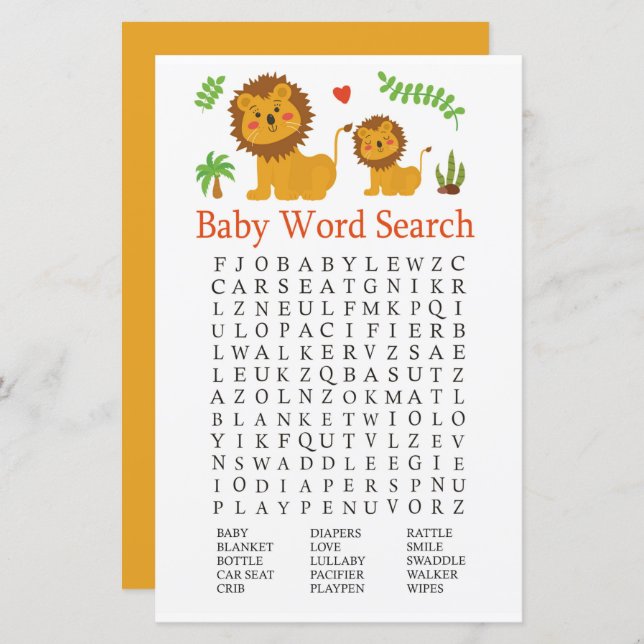 Lion Baby Shower Word Search Game (Front/Back)