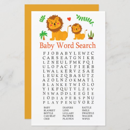 Lion Baby Shower Word Search Game
