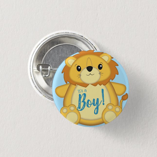 Lion Baby Shower Zoo Circus Blue Boy Button (Front & Back)