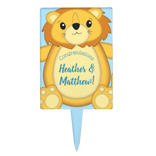 Lion Baby Shower Zoo Circus Blue Boy Cake Topper (Front)