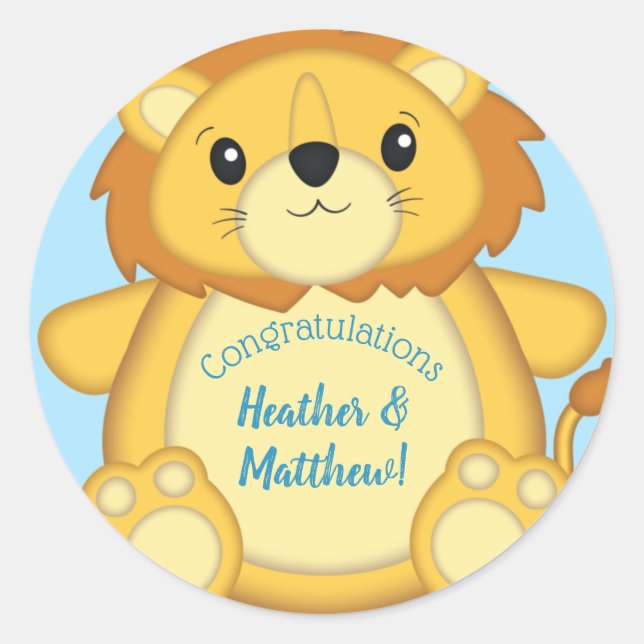 Lion Baby Shower Zoo Circus Blue Boy Classic Round Sticker (Front)