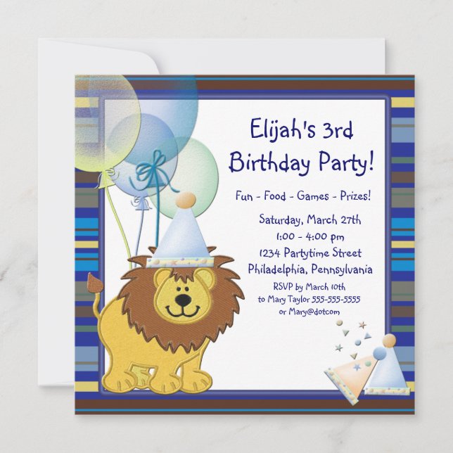 Lion Balloons Boy 3rd Birthday Party Invitation (Front)