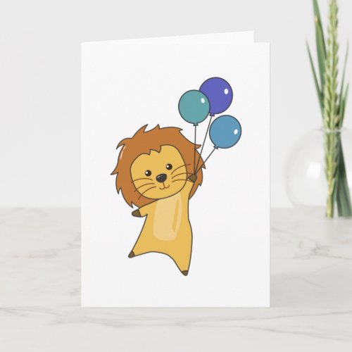 Lion Balloons Flies Upward Cute Animals For Babies Card