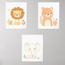 Lion, Bear & Elephant Nursery Wall Art Set