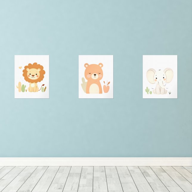 Lion, Bear & Elephant Nursery Wall Art Set (Wood Floor)