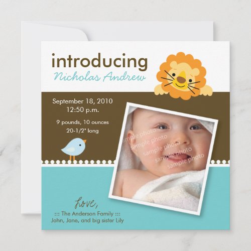 Lion &amp; Birdie Designer Birth Announcement (blue)