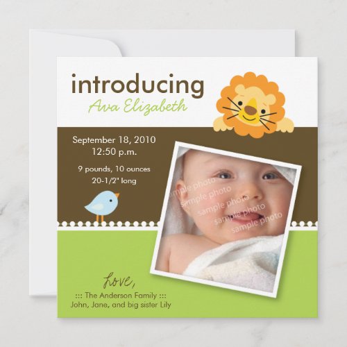 Lion &amp; Birdie Designer Birth Announcement (green)