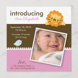 Lion & Birdie Designer Birth Announcement (pink)