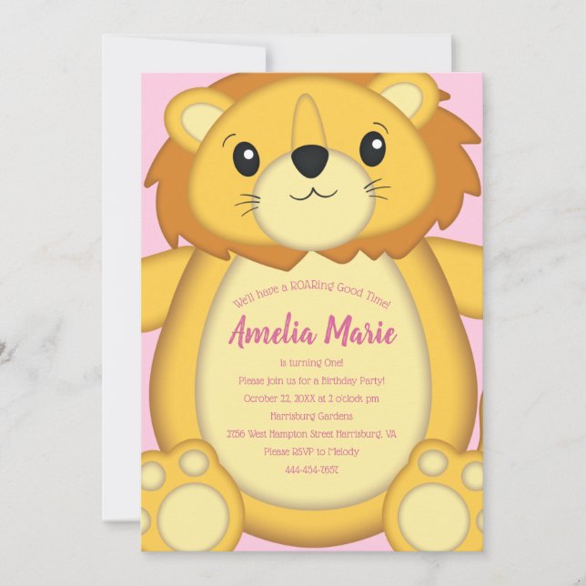 Lion Birthday Party Pink Invitation (Front)