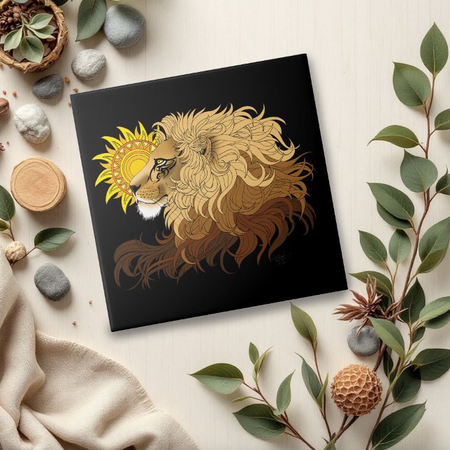 Lion Black Yellow Mandala Sun Ceramic Tile (Creator Uploaded)