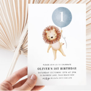 Lion Blue Balloon Boys 1st Birthday Party Invitation