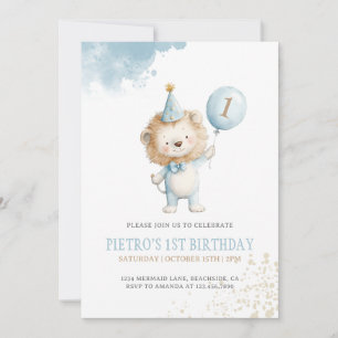 Lion Blue Balloon Boys 1st Birthday Party Invitation