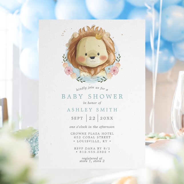 Lion Blue Floral Baby Shower  Invitation (Creator Uploaded)