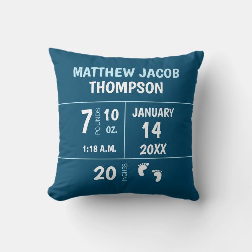 Lion Blue Personalized baby birth stat Throw Pillow