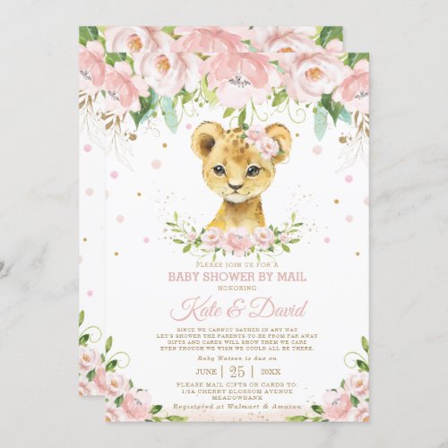 Lion Blush Floral Virtual Baby Shower by Mail Invitation