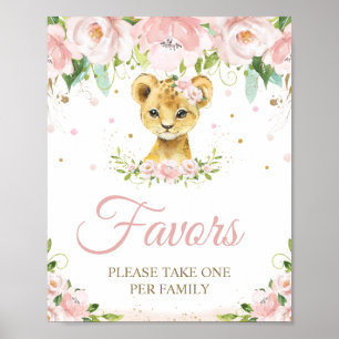 Lion Blush Pink Floral Baby Shower Birthday Favor Poster