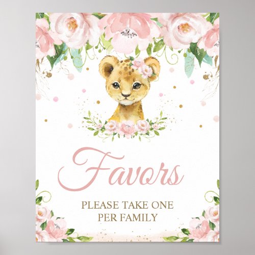 Lion Blush Pink Floral Baby Shower Birthday Favor  Poster