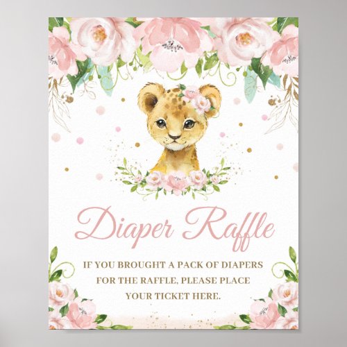 Lion Blush Pink Floral Baby Shower Diaper Raffle  Poster