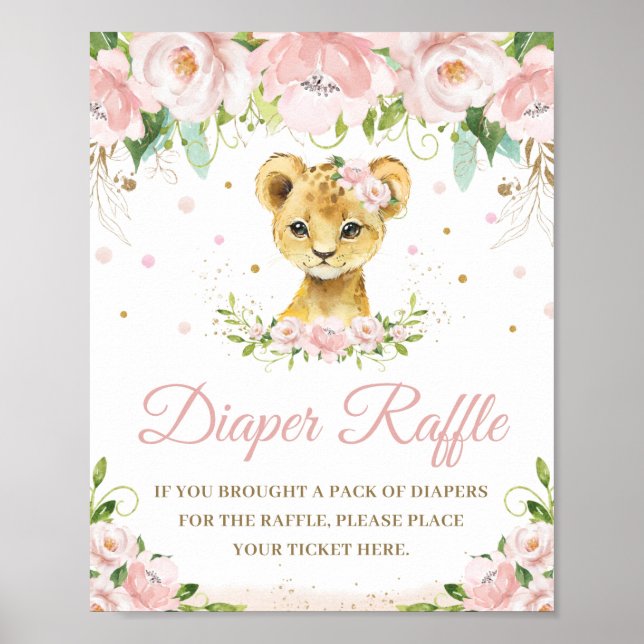 Lion Blush Pink Floral Baby Shower Diaper Raffle  Poster (Front)