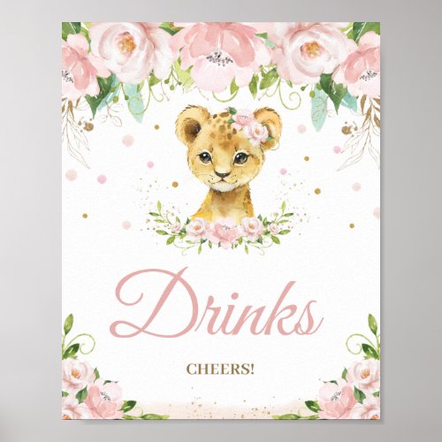 Lion Blush Pink Floral Baby Shower Drinks Cheers  Poster