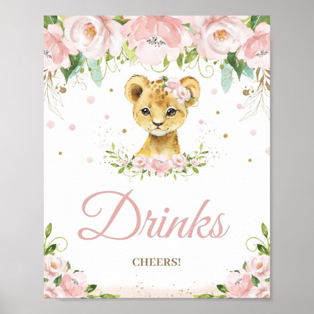 Lion Blush Pink Floral Baby Shower Drinks Cheers  Poster (Front)