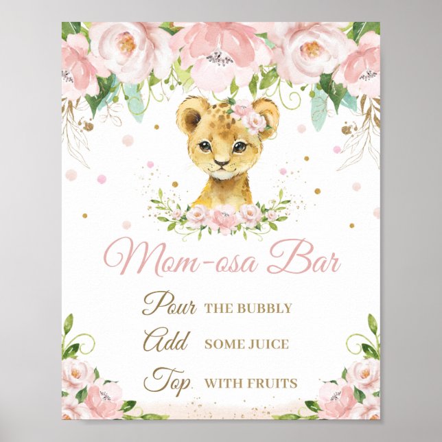 Lion Blush Pink Floral Baby Shower Momosa Bar Sign (Front)