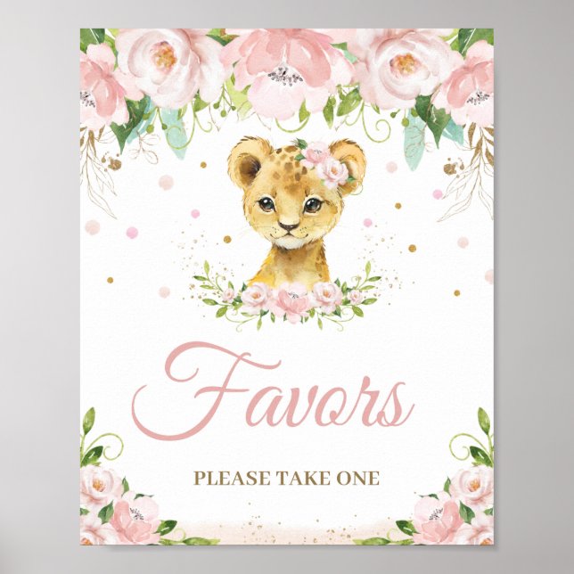 Lion Blush Pink Floral Baby Shower Party Favors  Poster (Front)