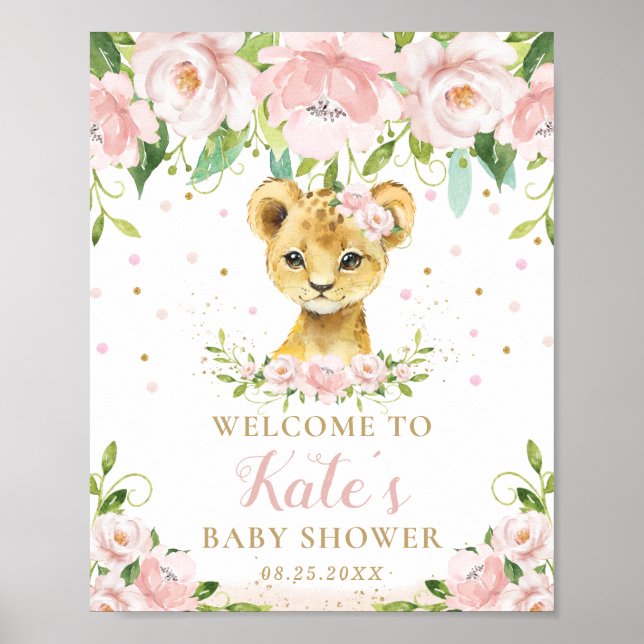 Lion Blush Pink Floral Baby Shower Welcome Sign (Front)