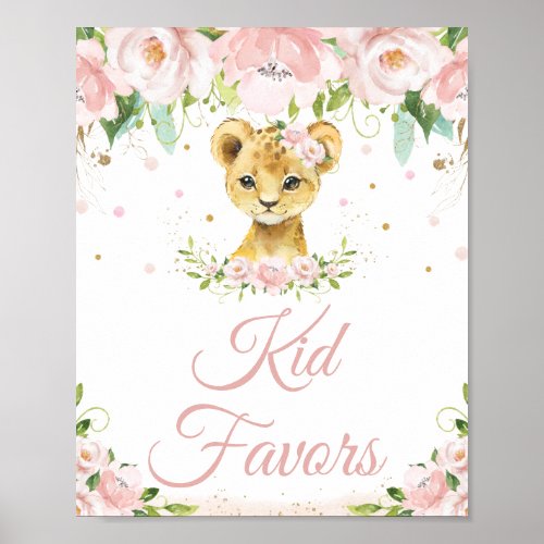 Lion Blush Pink Floral Birthday Party Kid Favors  Poster