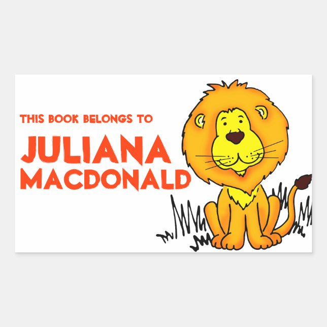 Lion book plate name orange white id label sticker (Front)