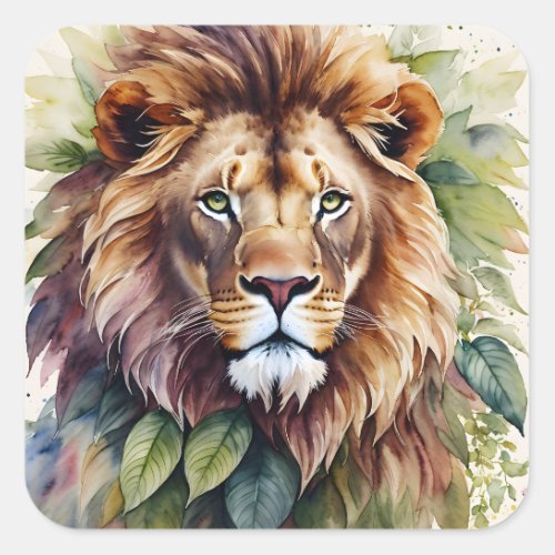 Lion Botanical Watercolor Art Square Sticker