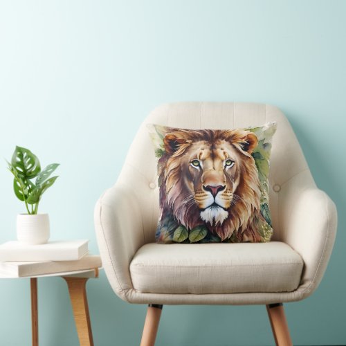 Lion Botanical Watercolor Artwork Throw Pillow