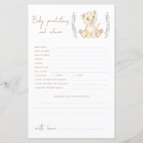 Lion Boy Baby Shower Predictions And Advice Card