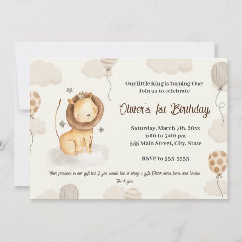 Lion boy birthday invitation cute watercolor 