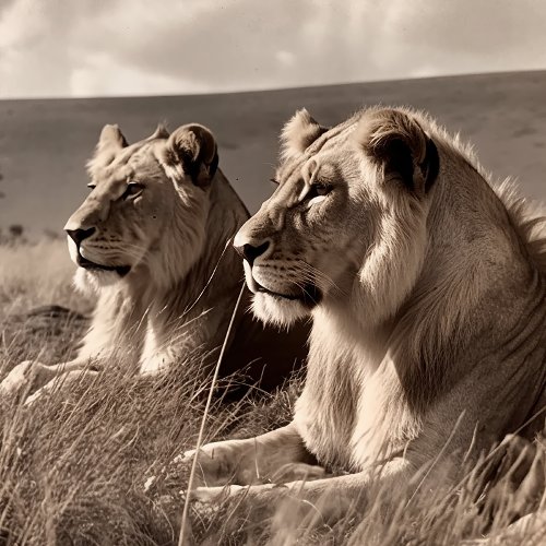 Lion Brothers Resting In The Sun _ Black and White Jigsaw Puzzle