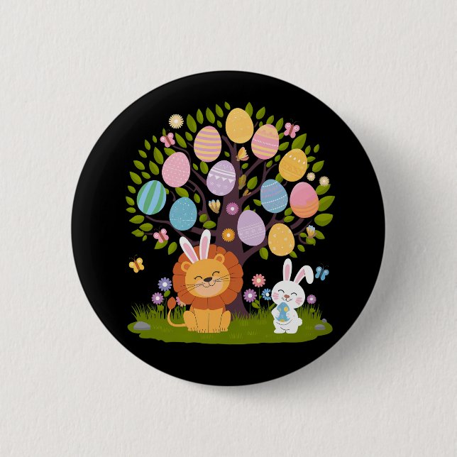 Lion Bunny Easter Cute Tree Hunting Eggs Button (Front)