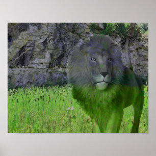 Lion Cattails Stone Wall Abstract Fantasy Art Poster