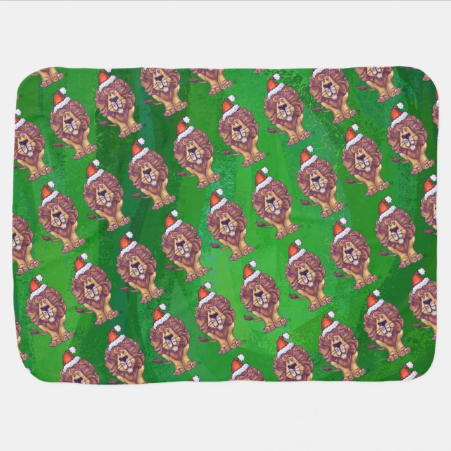 Lion Christmas On Green Baby Blanket (Horizontal)