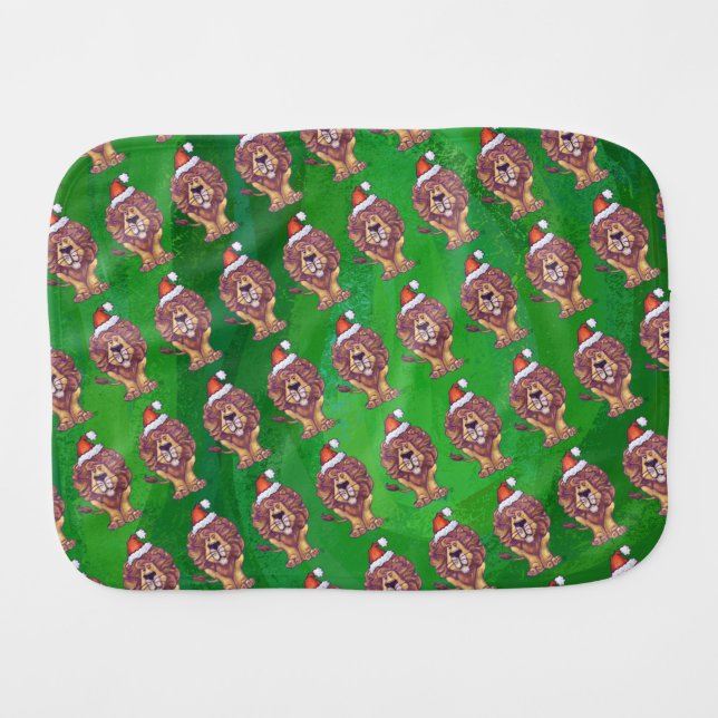 Lion Christmas On Green Baby Burp Cloth (Front Horizontal)