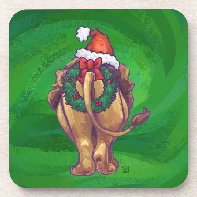 Lion Christmas On Green Beverage Coaster (Front)