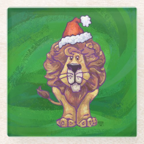 Lion Christmas On Green Glass Coaster