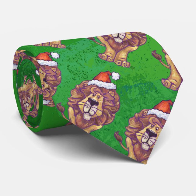 Lion Christmas On Green Neck Tie (Rolled)