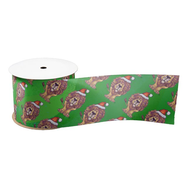 Lion Christmas On Green Satin Ribbon (Spool)