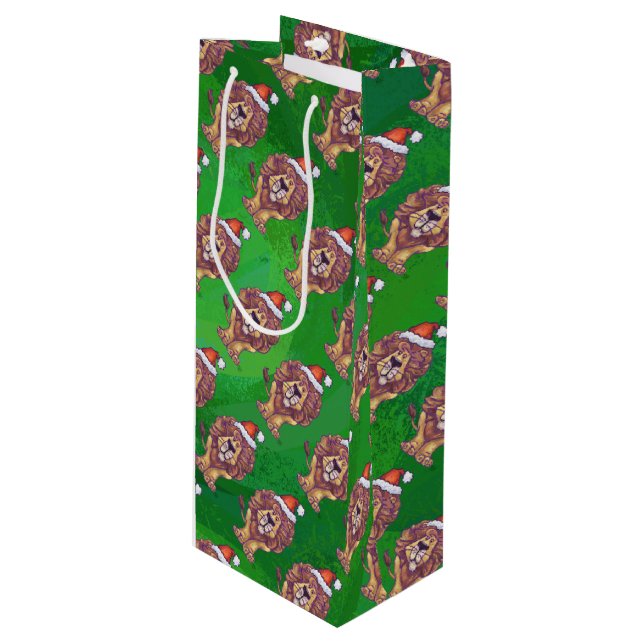 Lion Christmas On Green Wine Gift Bag (Front Angled)
