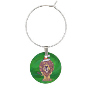 Lion Christmas On Green Wine Glass Charm