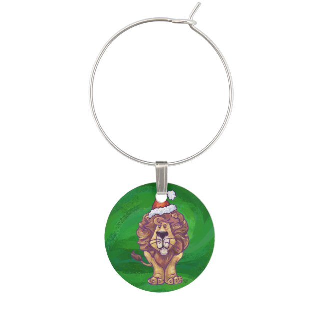 Lion Christmas On Green Wine Glass Charm (Front)