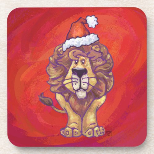 Lion Christmas On Red Drink Coaster