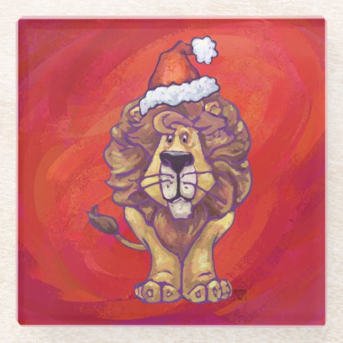 Lion Christmas On Red Glass Coaster