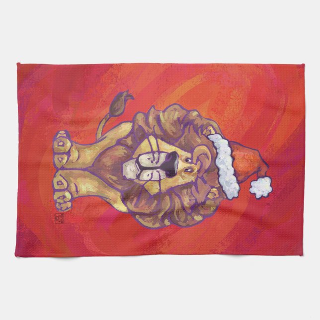 Lion Christmas On Red Kitchen Towel (Horizontal)